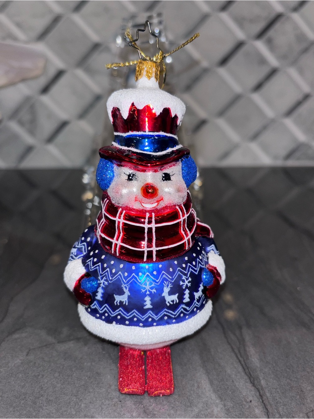 Christopher Radko King of the Slalom snowman on skis skiing blown glass ornament